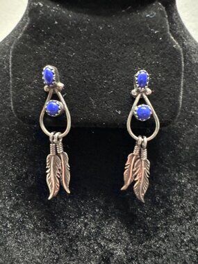 Vintage Sterling Silver Feather Earrings With Blue Cabochon Stones Tribal Boho S